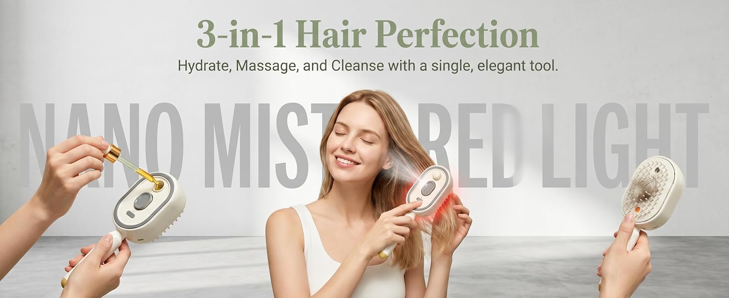 Zairova 3-in-1 electric spray massage hair brush showing mist, massage, and one-click cleaning
